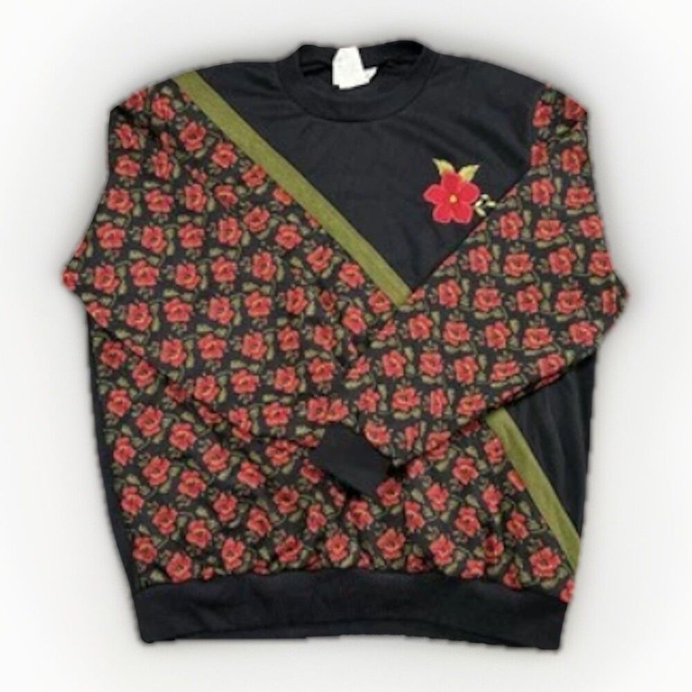 Vintage 80s Floral Block Sweater Large, Red Flower Design, American Collection
